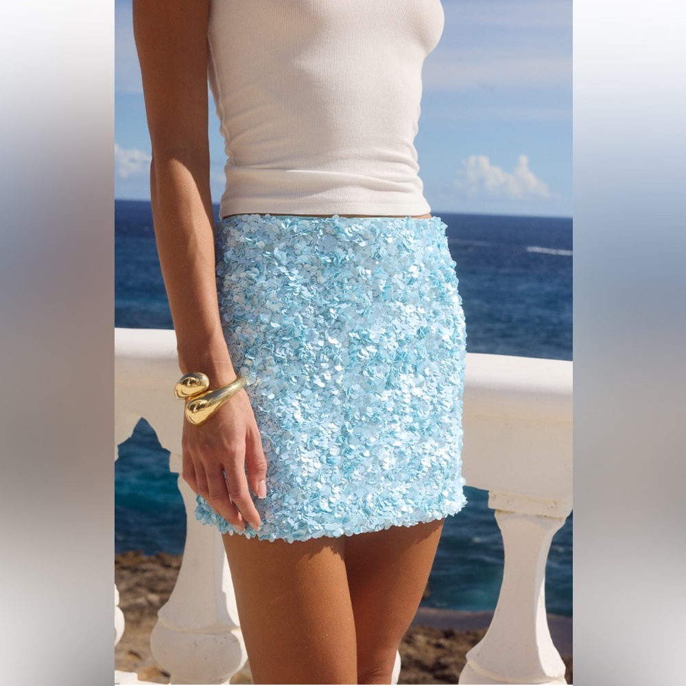 Light Blue Floral Sequin Mini Skirt - Women's - Picture 5 of 12